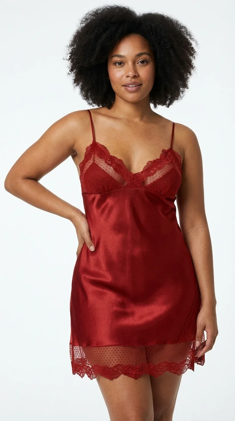 LunaIntim Kırmızı Saten Görünümlü Gecelik Puantiyeli Tül ve Dantel İşlemeli Babydoll - Ön Görünüm